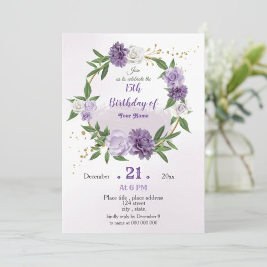 Invitation fleurs pourpres et feuilles couronne anniversaire (Debout devant)