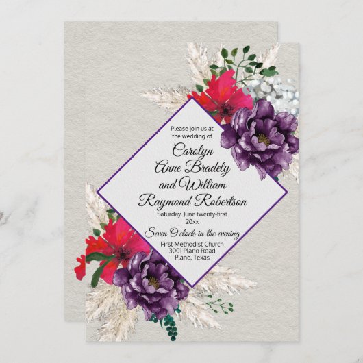 Invitation Fleurs pourpres et rouges avec le mariage d'herbe (Devant / Derrière)