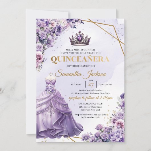 Invitation Fleurs pourpres printemps Princesse Robe Quinceañe (Devant)