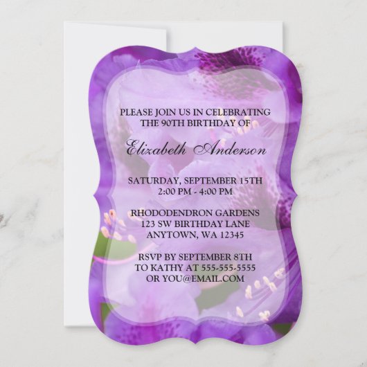 Invitation Fleurs pourpres Rhododendron 90e anniversaire (Devant)