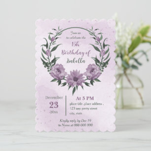 Invitation fleurs pourpres verdure couronne anniversaire