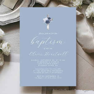 Invitation Fleurs poussiéreuses bleu argenté croix garçons ba