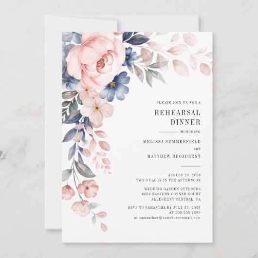 Invitation Fleurs Poussiéreuses Bleu Rose Fleurs Dîner de Rép (Devant)