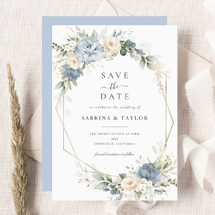 Invitation Fleurs Poussiéreux Bleu Verdure Mariage Économisez