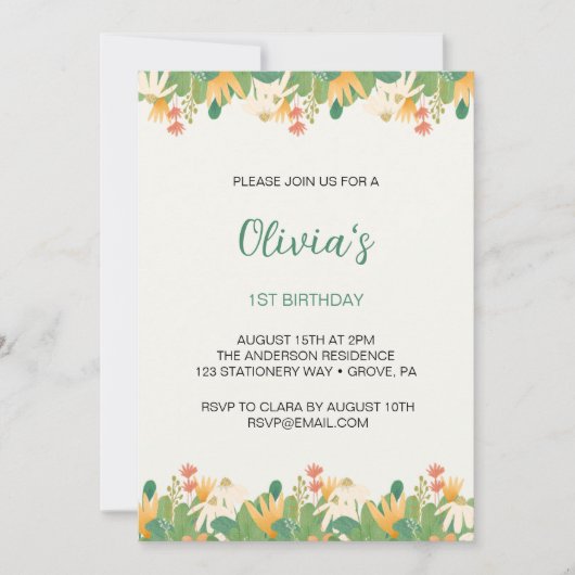 Invitation Fleurs premier anniversaire (Devant)