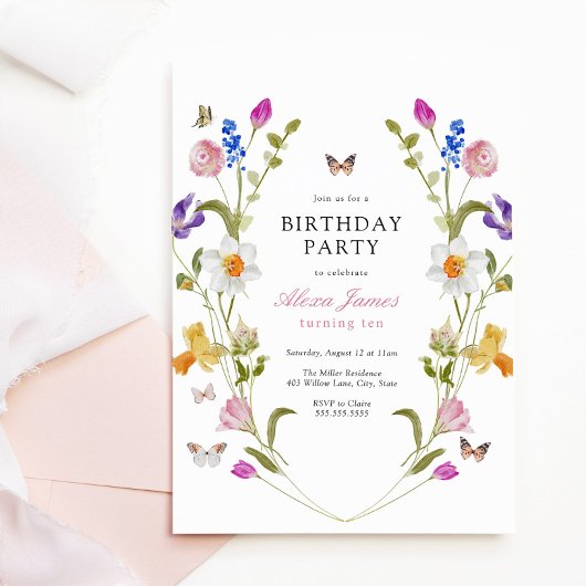 Invitation Fleurs printanières et papillons Anniversaire