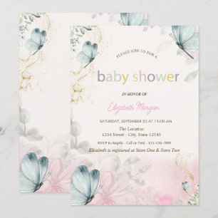 Invitation Fleurs printanières Papillons bleus Baby Shower