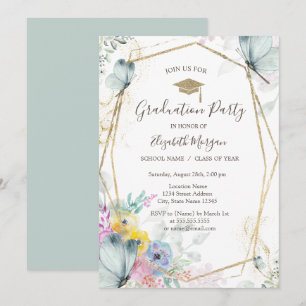 Invitation Fleurs printanières, papillons, casquette de remis