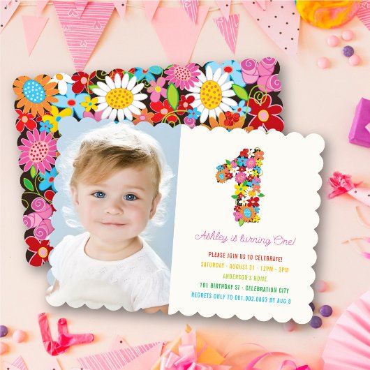 Invitation Fleurs printanières Une petite fille Premier anniv