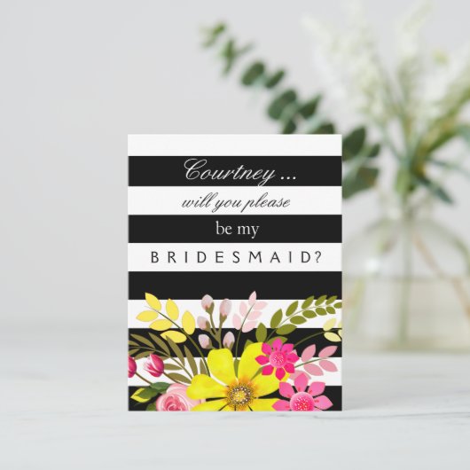 Invitation Fleurs rayées noires et blanches Demande d'aide-mé (Debout devant)