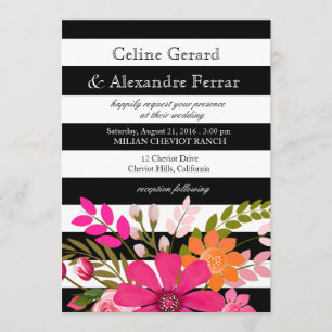 Invitation Fleurs rayées noires et blanches épousant le