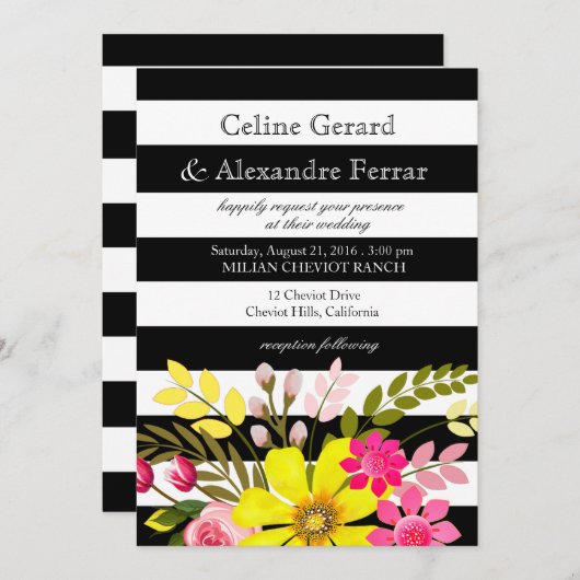 Invitation Fleurs rayées noires et blanches Jaune Mariage (Devant / Derrière)