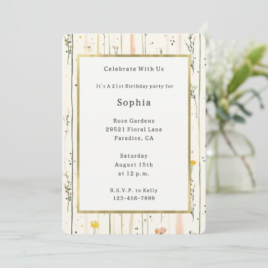 Invitation Fleurs rayées rose vert Anniversaire (Debout devant)