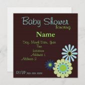 Invitation Fleurs rétro Douche pour bébé bleu et Brown (Devant / Derrière)