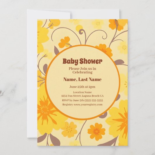 Invitation Fleurs Rétro-Jaune, Orange, Mousse Marron (Devant)
