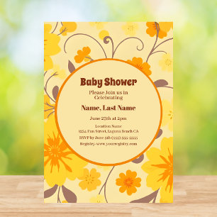 Invitation Fleurs Rétro-Jaune, Orange, Mousse Marron