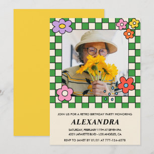 Invitation Fleurs Rétro Photo Groovy 91e anniversaire