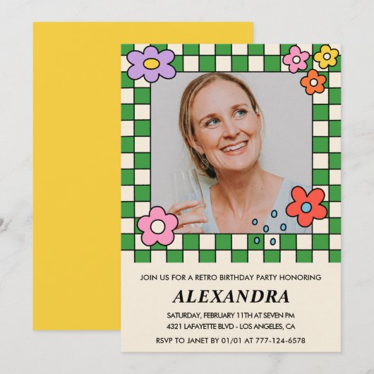 Invitation Fleurs Retro Photo Super 42e anniversaire (Devant / Derrière)