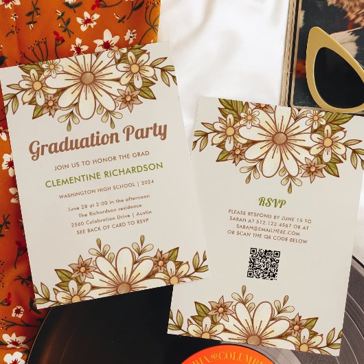 Invitation Fleurs rétro | QR Code 2024 Graduation Party