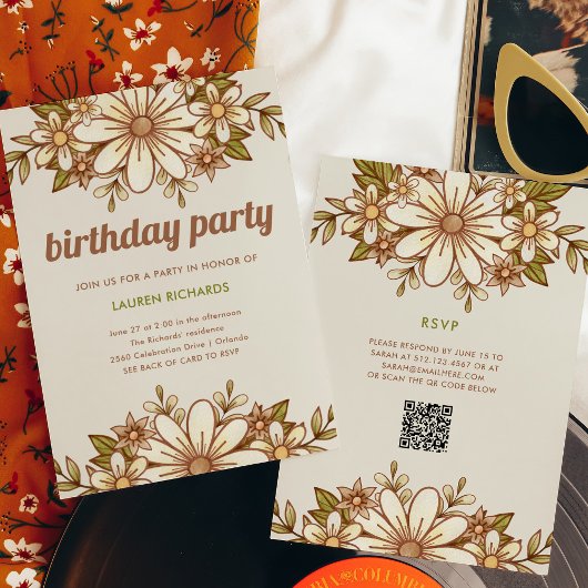 Invitation Fleurs rétro | QR Code fête d'anniversaire
