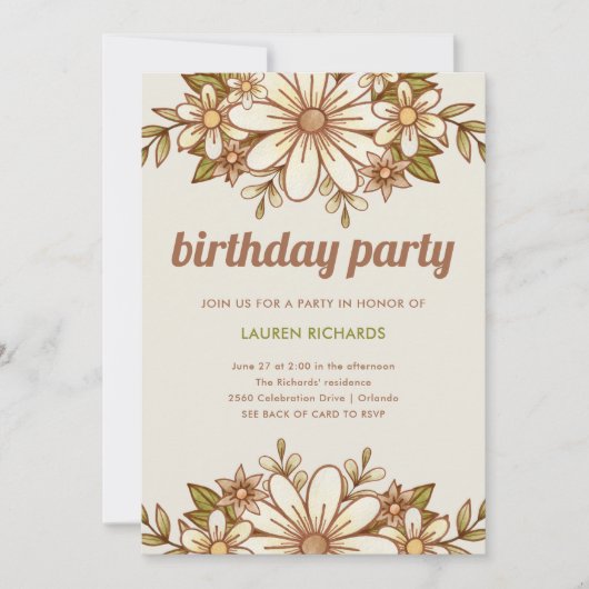 Invitation Fleurs rétro | QR Code fête d'anniversaire (Devant)