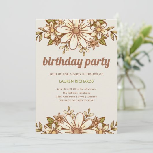 Invitation Fleurs rétro | QR Code fête d'anniversaire (Debout devant)