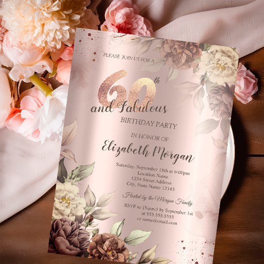 Invitation Fleurs Rétro Rose Doré 60e Anniversaire
