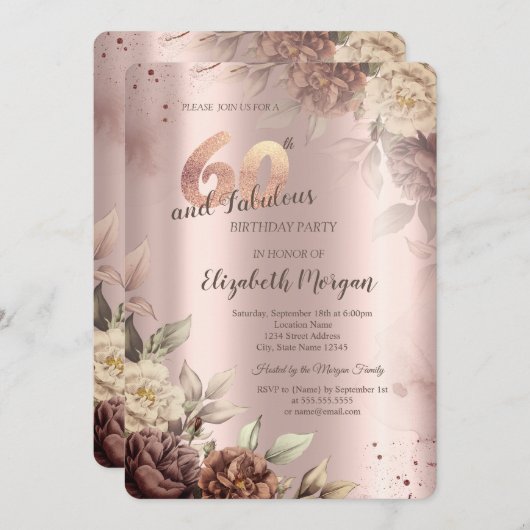 Invitation Fleurs rétro Rose Gold 60e anniversaire (Devant / Derrière)