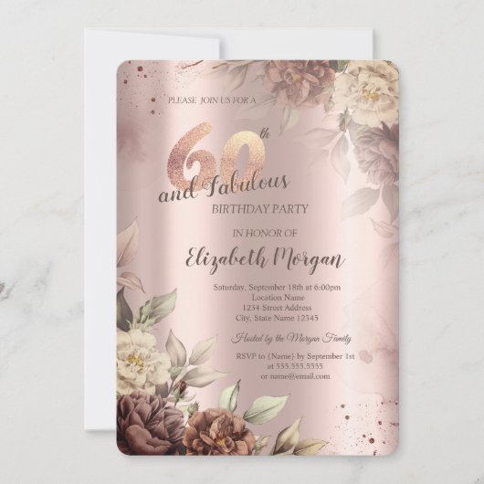 Invitation Fleurs rétro Rose Gold 60e anniversaire (Devant)