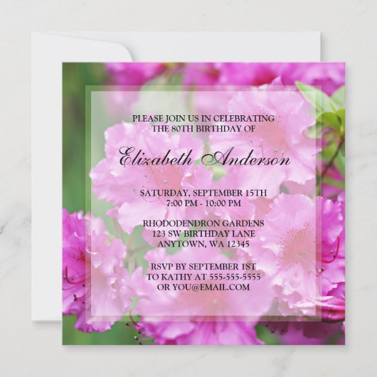 Invitation Fleurs Rhododendron rose 80e anniversaire (Devant)