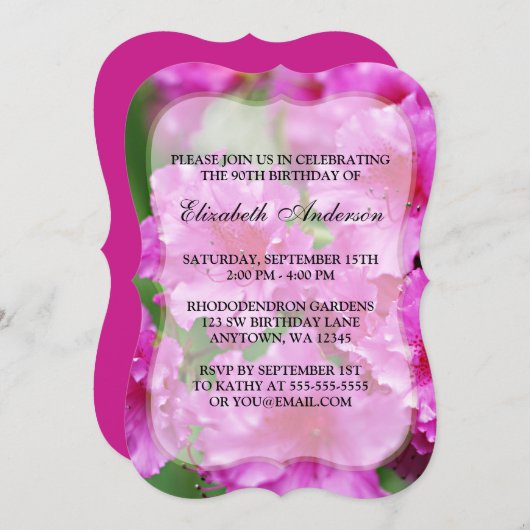 Invitation Fleurs Rhododendron rose 90e anniversaire (Devant / Derrière)
