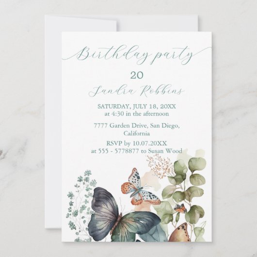 Invitation Fleurs romantiques et papillon Anniversaire Invita (Devant)