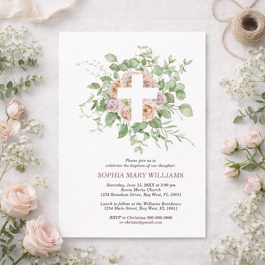 Invitation Fleurs romantiques & Fille à la croix blanche Bapt