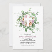 Invitation Fleurs romantiques & Fille à la croix blanche Bapt (Devant)