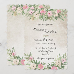 Invitation Fleurs Romantiques Roses Vintage à Bordure Dentelé