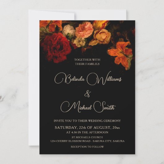 Invitation Fleurs romantiques sombres | Photo de mariage (Devant)