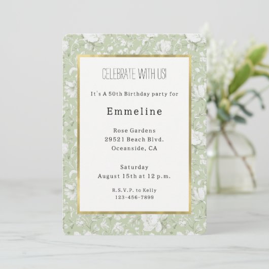 Invitation Fleurs romantiques vertes et blanches pour anniver (Debout devant)