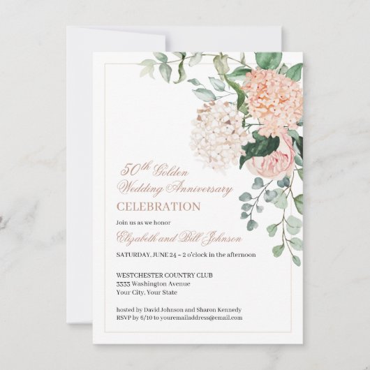 Invitation Fleurs rose aquarelle 50e anniversaire de mariage  (Devant)