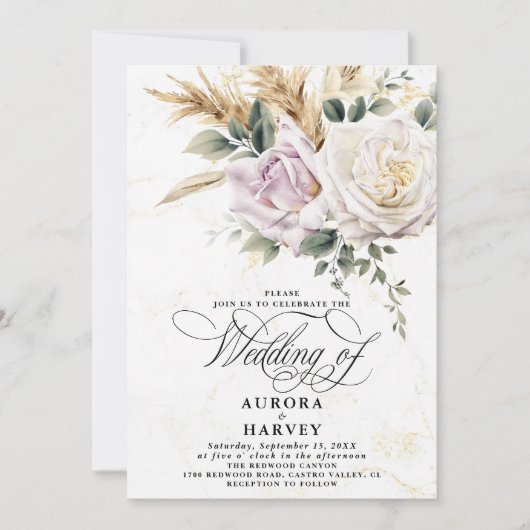 Invitation Fleurs Rose aquarelle Elégant Mariage chic (Devant)