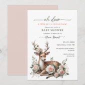 Invitation Fleurs rose aquarelle oh cerf baby shower  (Devant / Derrière)