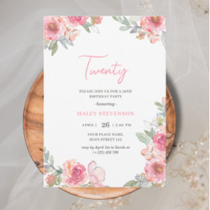 Invitation Fleurs rose aquarelle Twenty Boho Chic Anniversair