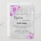 Invitation Fleurs rose argent fille luxe Baptême (Devant)