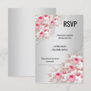 Invitation Fleurs Rose Argent LACE ÉLÉGANT MODERNE RSVP