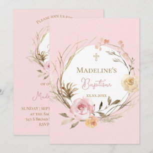Invitation fleurs rose beige aquarelle Baptême