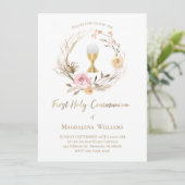 Invitation fleurs rose beige | Première communion (Debout devant)