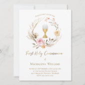 Invitation fleurs rose beige | Première communion (Devant)