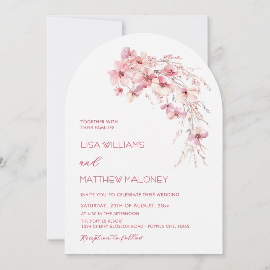 Invitation Fleurs rose bohème chic mariage blanc (Devant)