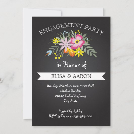 Invitation Fleurs rose Chalkboard mariage fiançailles (Devant)
