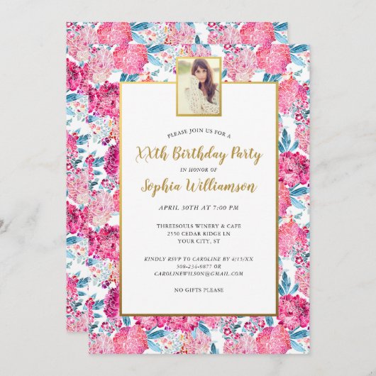 Invitation Fleurs rose Chic N'Importe Quel Âge Ajouter Photo (Devant / Derrière)