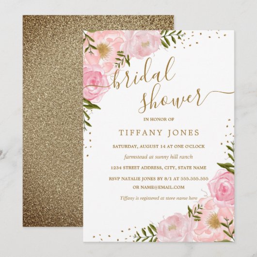 Invitation Fleurs rose doré aquarelle douche de mariage (Devant / Derrière)